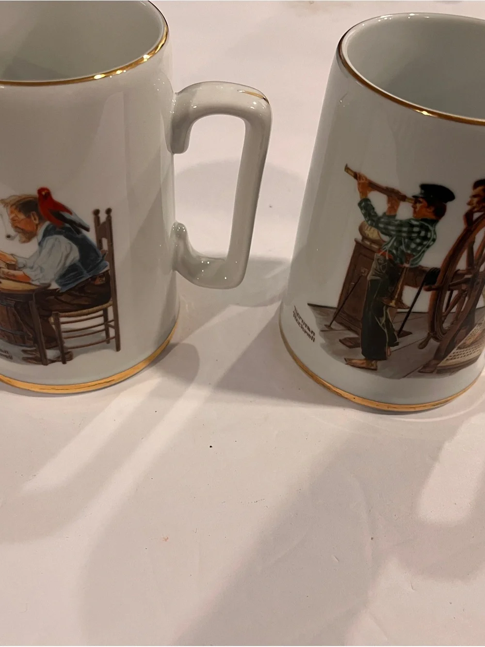 Vintage 1985 Norman Rockwell White and Gold Illustrated Ceramic Mugs - Pair